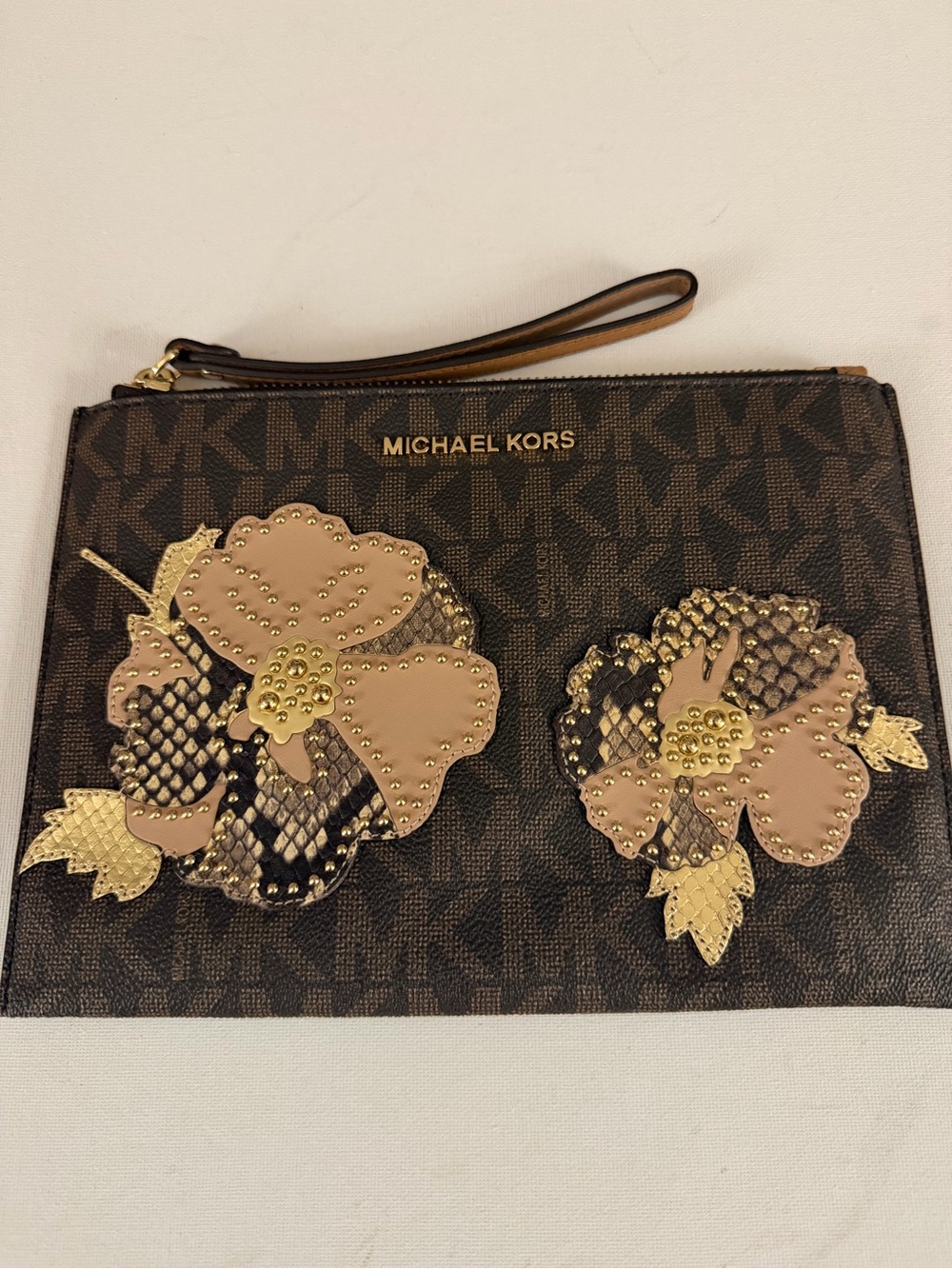 Michael Kors Brown Floral Appliqué Wristlet Clutch with Gold Accents